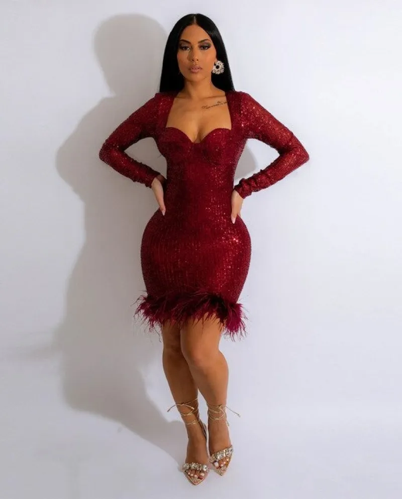 Women Sequined Fur Hem Long Sleeve Bodycon Mini Dress Chic  Party Club Prom Dresses Vestidos